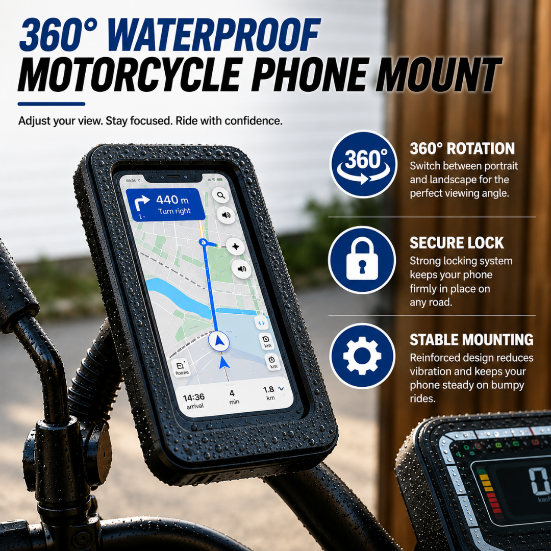 Waterproof Motorcycle Phone Mount – Touchscreen & 360° Rotation